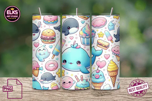 Pastel kawaii sea creatures and smiling whales tumbler wrap