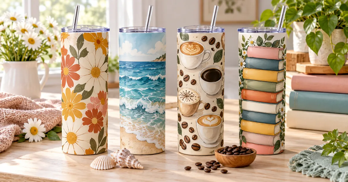 Four sublimation-coated skinny tumblers styled with floral, beach, coffee and book illustrations
