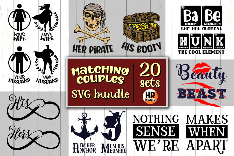 Twenty matching couple design sets with His and Hers, romantic sayings and humorous pairs