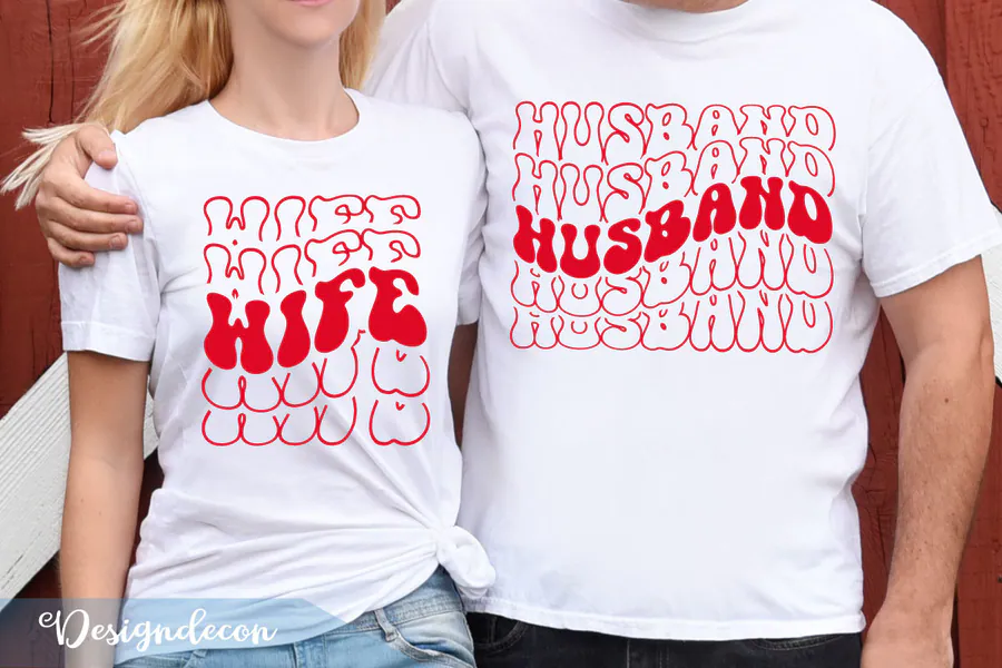 Red retro Husband and Wife typography on two white shirt previews