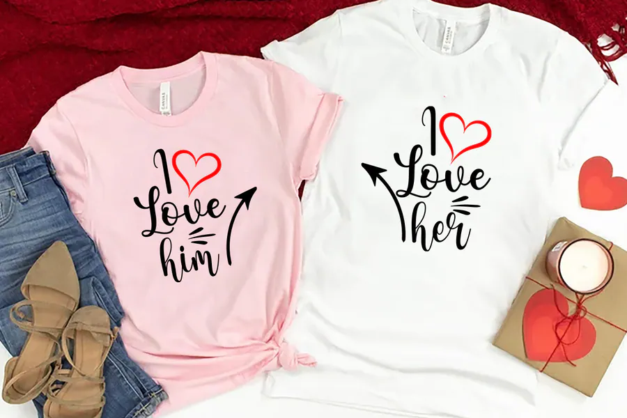 I Love Her and I Love Him script designs with red heart accents