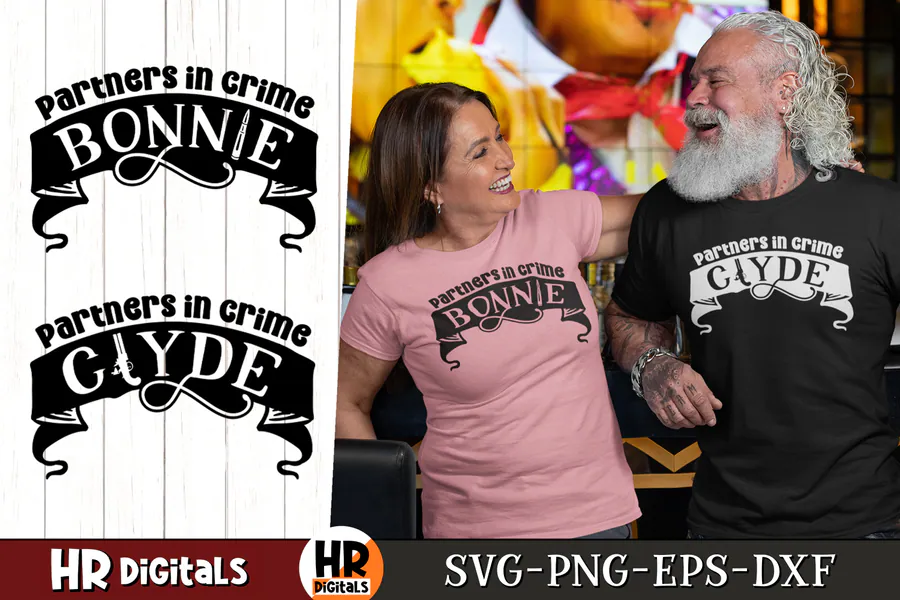 Separate Bonnie and Clyde Partners in Crime matching shirt designs