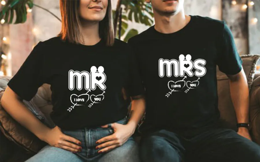 Retro Mr and Mrs Valentine lettering shown as complementary couple shirts