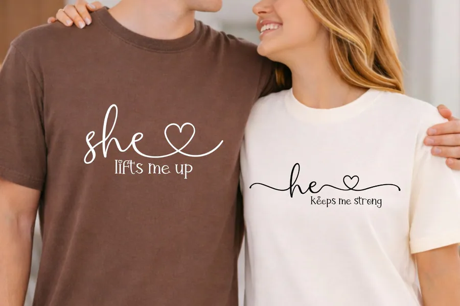 She Lifts Me Up and He Keeps Me Strong matching script shirt designs