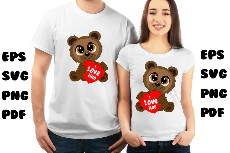 Two matching Valentine bears holding red hearts on white shirt previews
