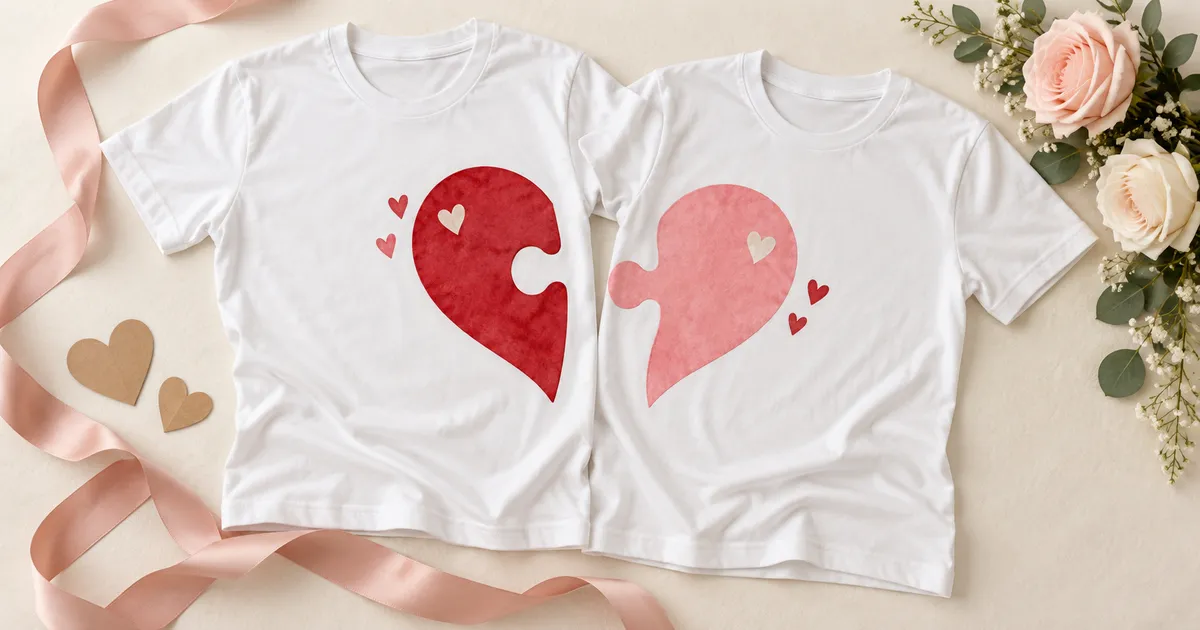 Two white shirts with complementary Valentine puzzle-heart designs arranged as a matching couple gift
