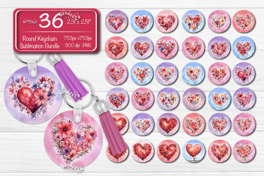 Thirty-six watercolor flower-heart round keychain designs in pink, red and lavender
