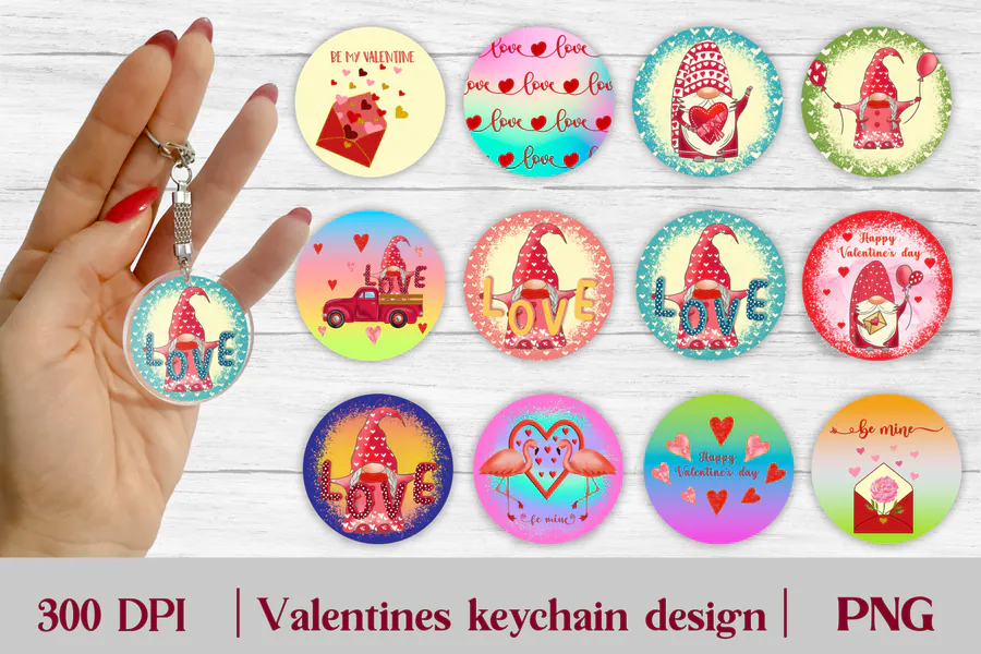 Twelve round Valentine keychain designs with gnomes, hearts and colorful love motifs