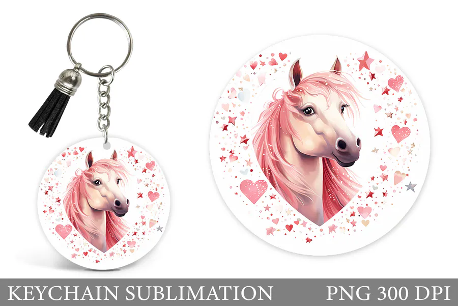 Pink horse portrait with hearts and stars on a round keychain