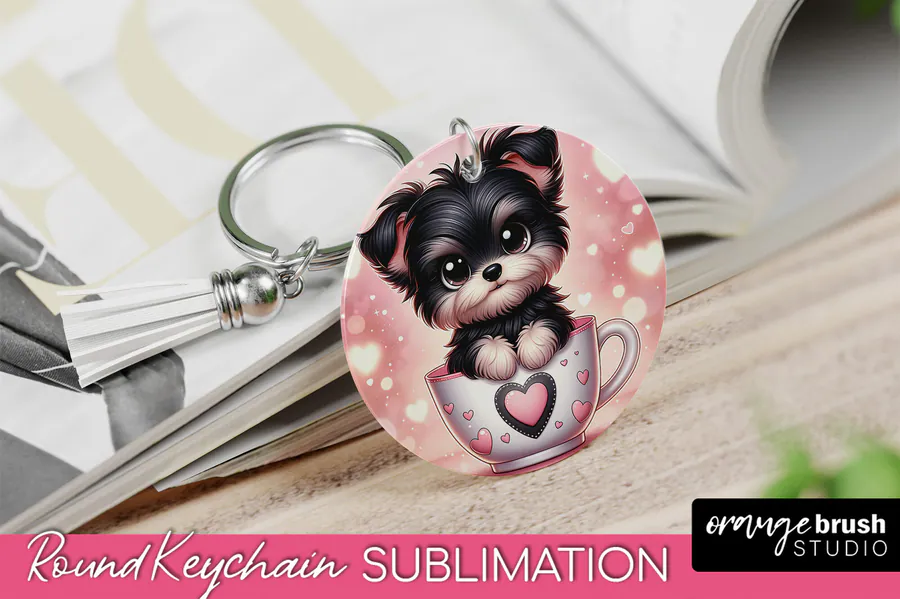 Small dark puppy in a heart-decorated cup on a pink round keychain