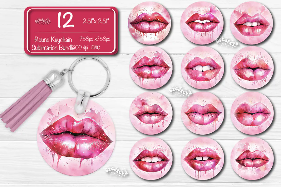 Twelve pink watercolor lips printed on circular keychain previews