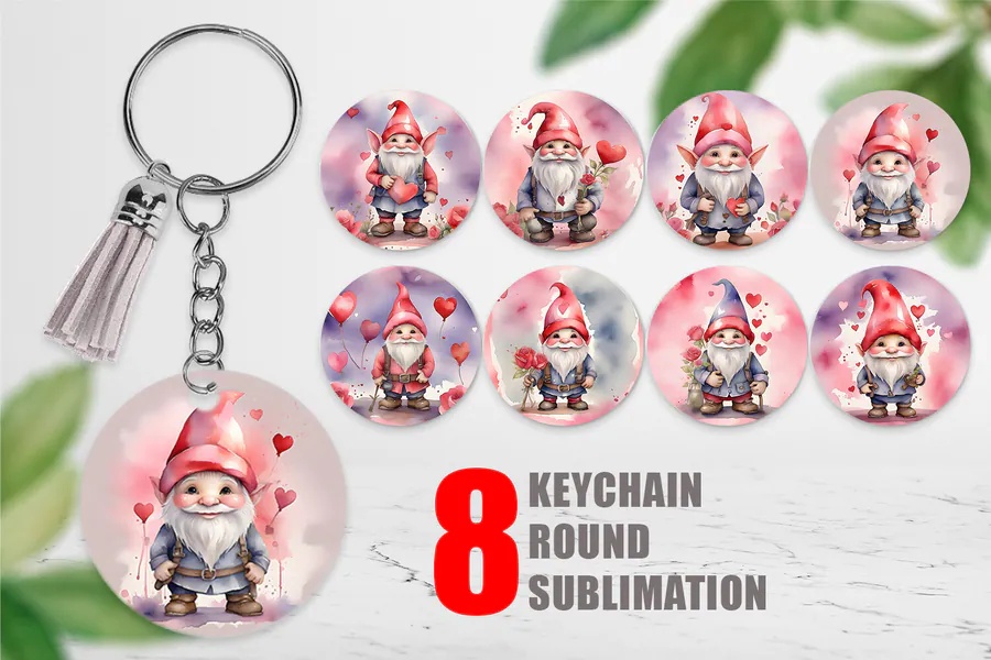 Eight watercolor Valentine gnomes on pale pink circular backgrounds