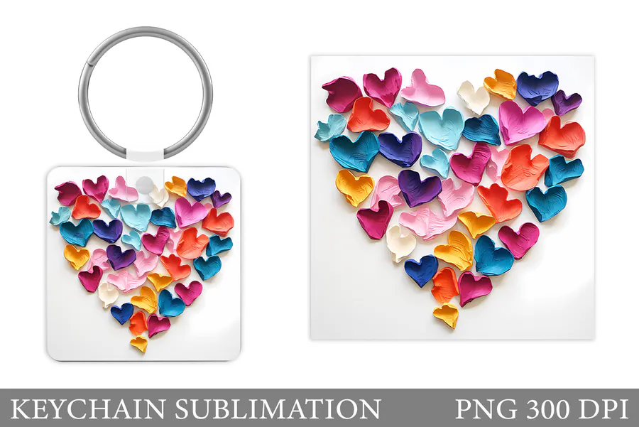 Multicolored curled ribbons forming a heart on a square keychain preview
