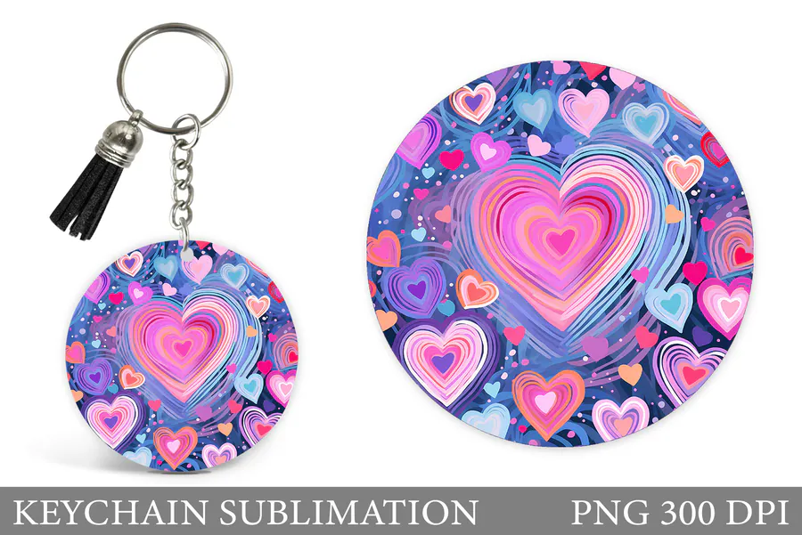 Concentric pink heart and rainbow accents on a purple circular keychain