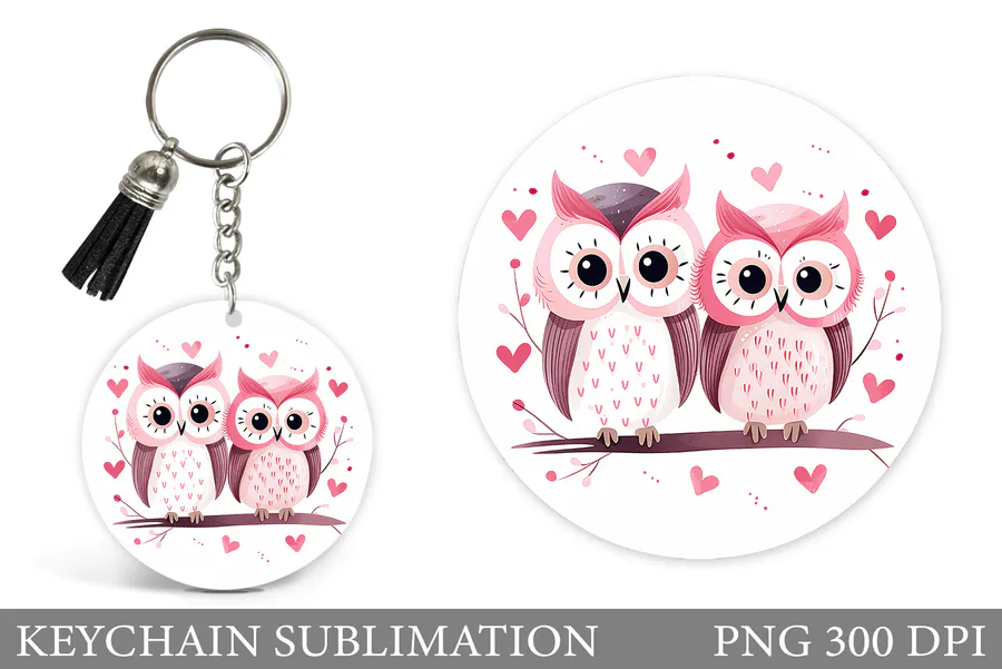 Two pink owls perched on a branch with Valentine hearts