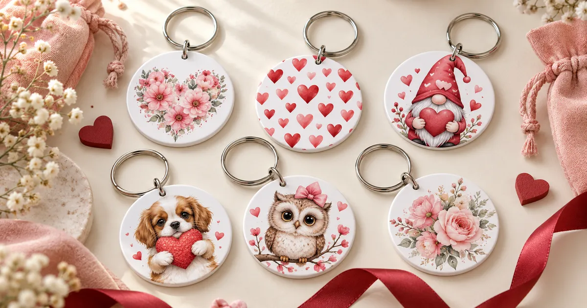 Round Valentine keychains with hearts, gnomes and floral designs beside small gift pouches