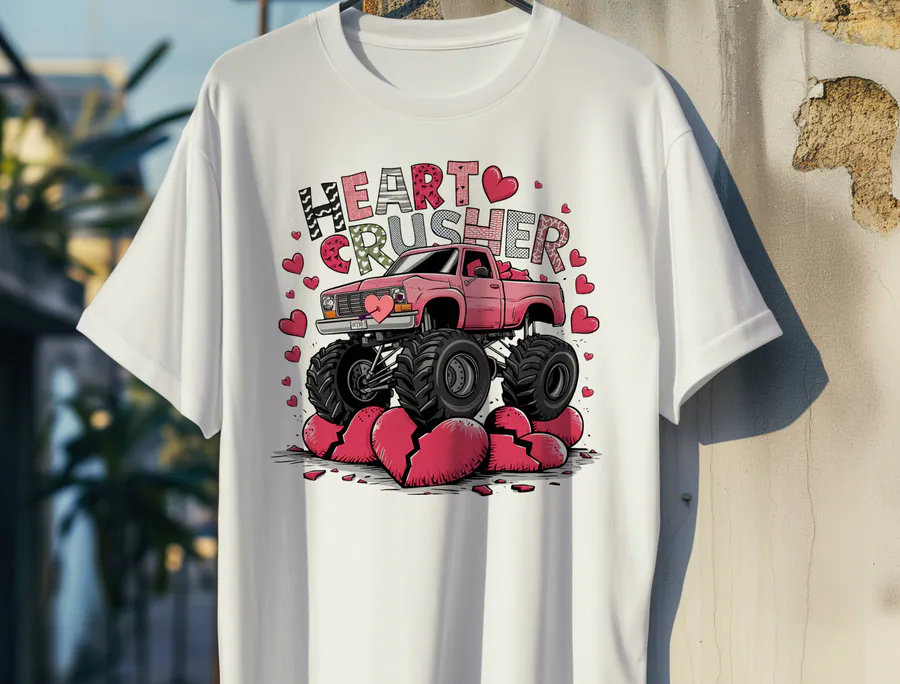 Pink Heart Crusher monster truck design with Valentine hearts on a shirt preview