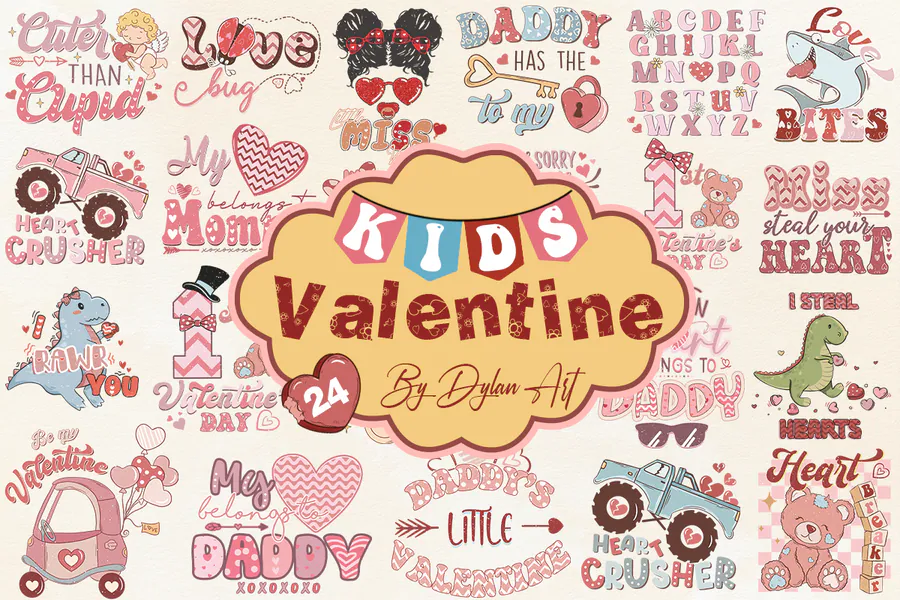 Twenty-six kids Valentine PNG designs with lettering, dinosaurs and trucks