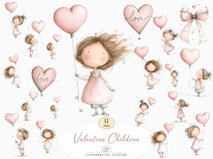 Pastel watercolor girls, heart balloons and bows from a thirty-one-element Valentine set