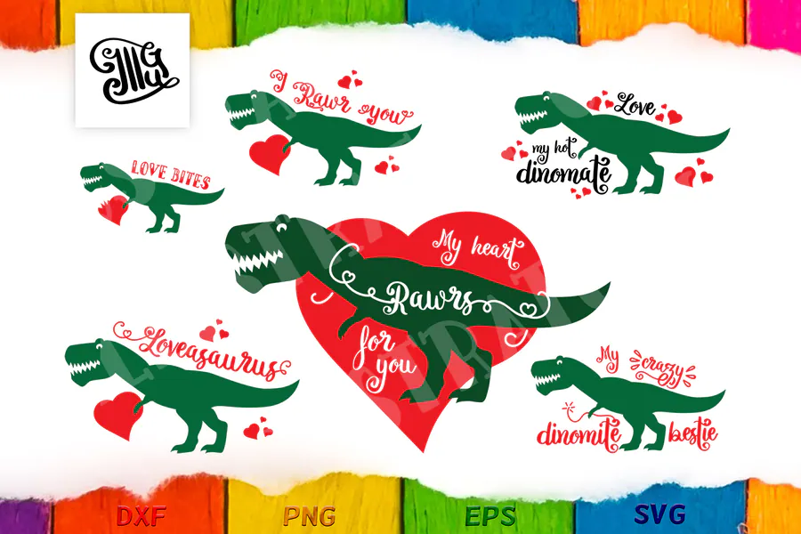 Green dinosaur Valentine graphics with Loveasaurus and I Rawr You sayings