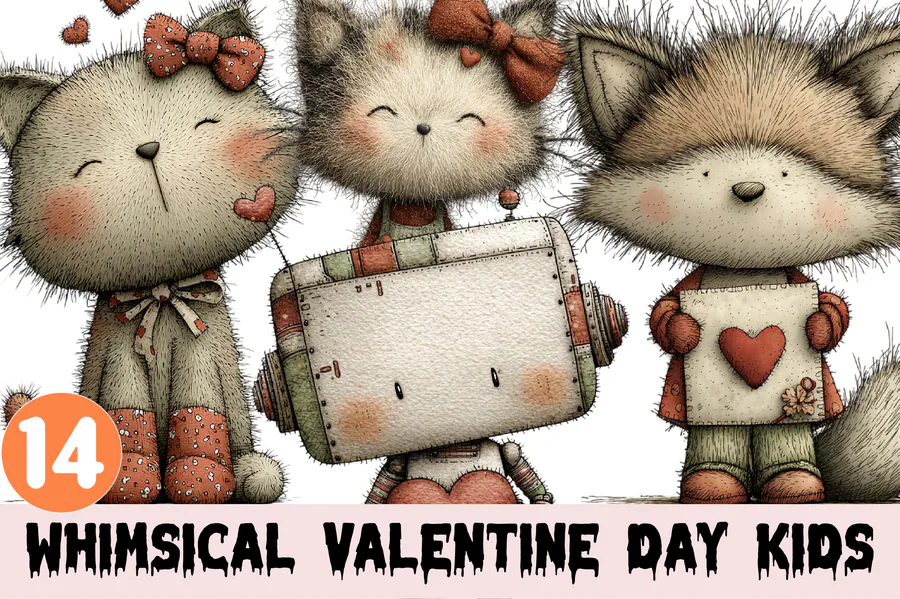 Fourteen whimsical Valentine child characters with textured outfits and heart accents
