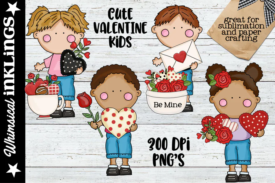 Four cute cartoon Valentine children carrying chocolates, flowers and hearts