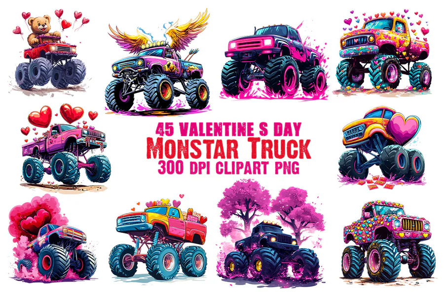 Colorful Valentine monster trucks with hearts and balloons from a forty-five-design set