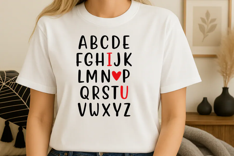 Hand-drawn alphabet with red I, U and a heart replacing O on a white shirt