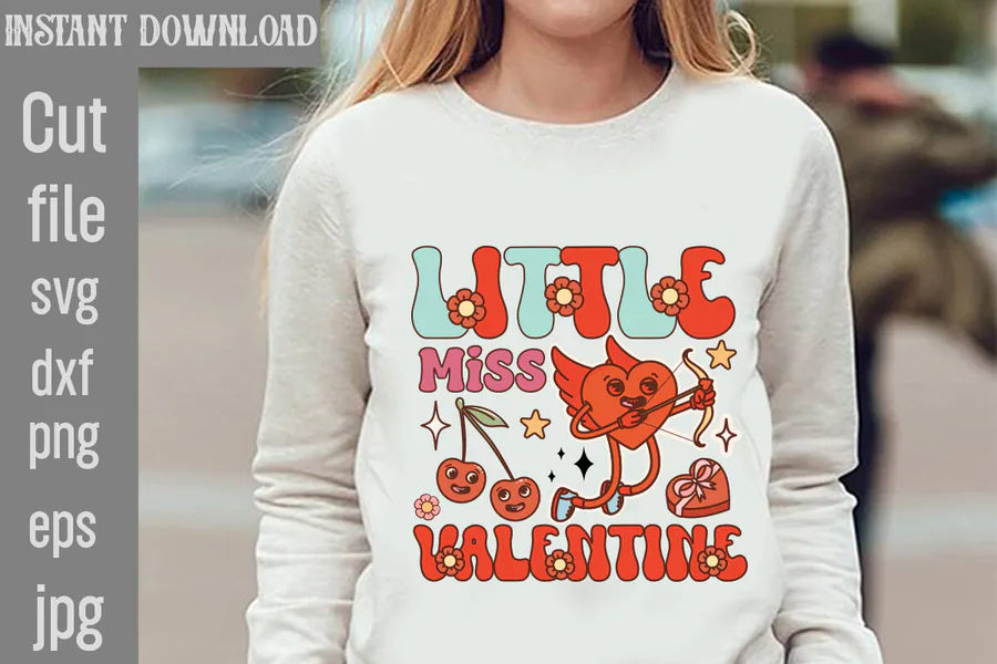 Little Miss Valentine retro lettering with a smiling heart character