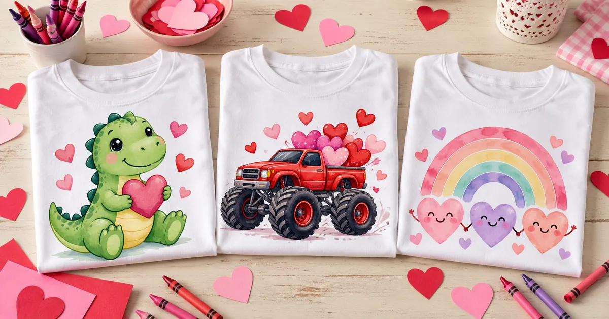Three light-colored children’s Valentine shirts with dinosaur, truck and heart graphics for a school party