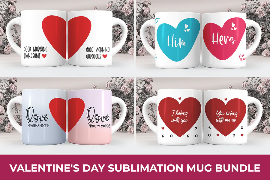Four Valentine mug wrap PNGs with paired hearts and love-themed lettering