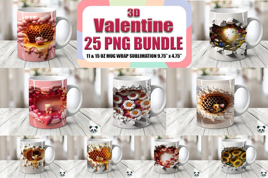Valentine mug wrap collection with hearts, flowers and flat faux 3D opening effects