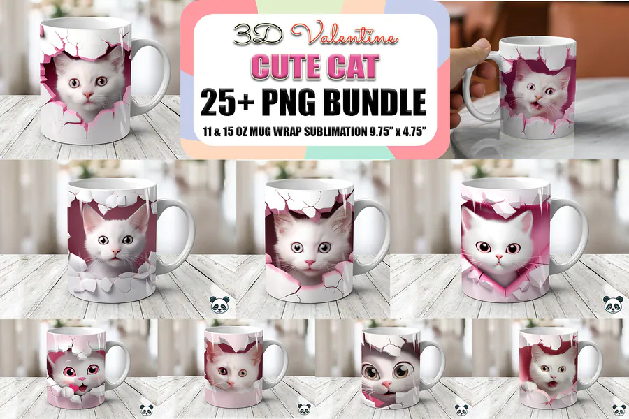Pink Valentine cat mug wraps with cute kittens and faux cracked backgrounds