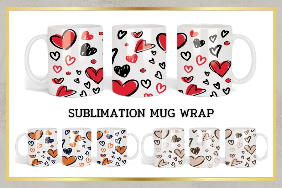 Valentine heart-pattern mug wraps in red, black and soft neutral palettes