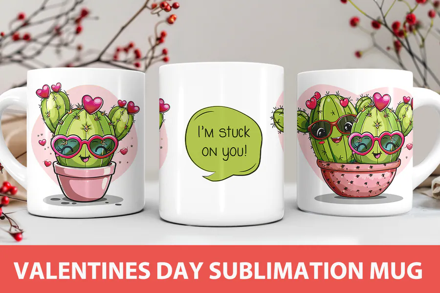 Valentine cactus mug design with flowering plants and a playful romantic greeting