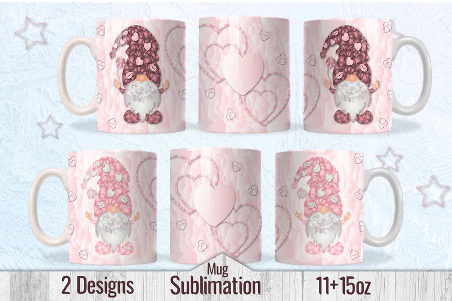 Pink Valentine gnome mug wrap designs with paired characters and decorative heart borders