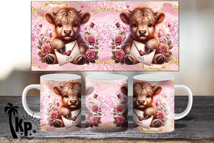 Valentine Highland cow mug artwork with pink hearts and roses