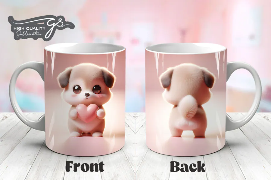 Cute Valentine dog mug design with a puppy holding a pink heart