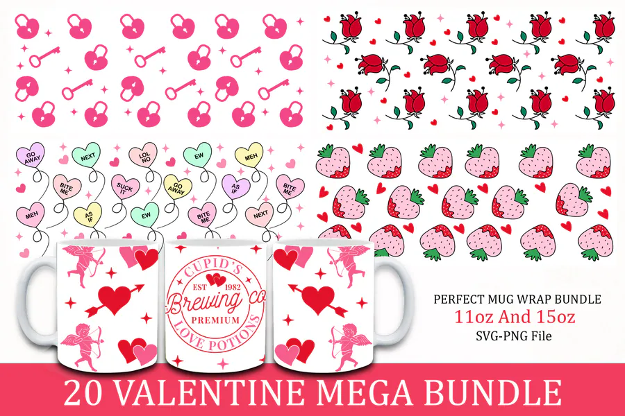Twenty Valentine mug wrap patterns with hearts, keys, flowers and soft colors