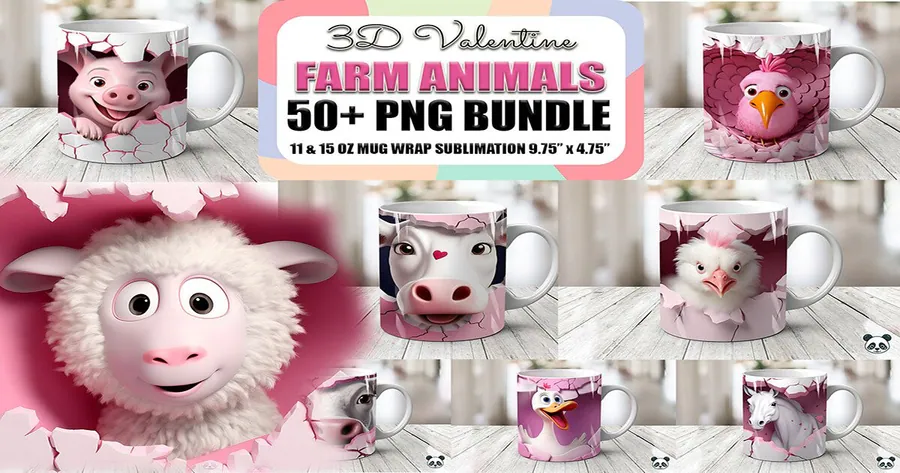 Valentine farm animal mug wrap bundle with sheep, pigs, cows and pink heart accents