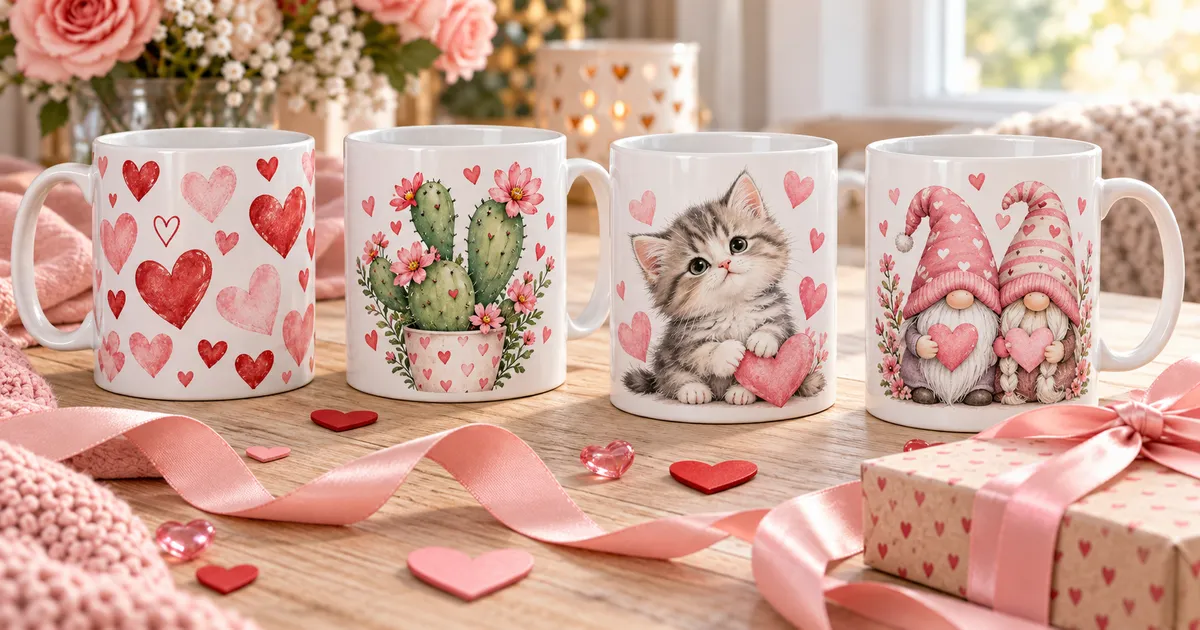Valentine mug sublimation gift ideas with hearts, a flowering cactus and a cute cat on white coated coffee mugs