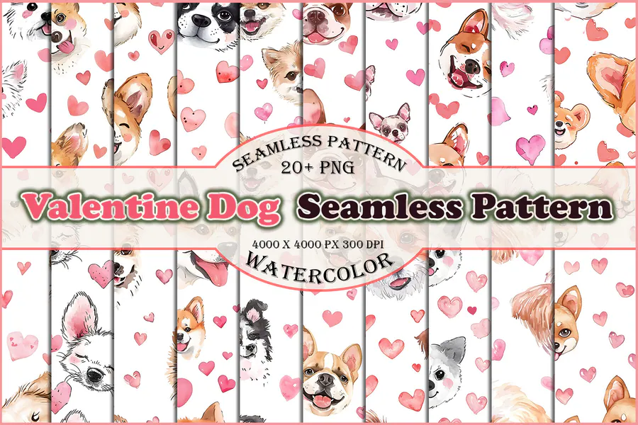 Pastel seamless dog patterns with Valentine hearts
