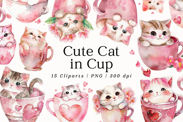 Watercolor kittens in pink cups with Valentine hearts