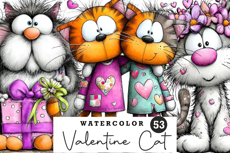 Whimsical wide-eyed Valentine cats with hearts and flowers