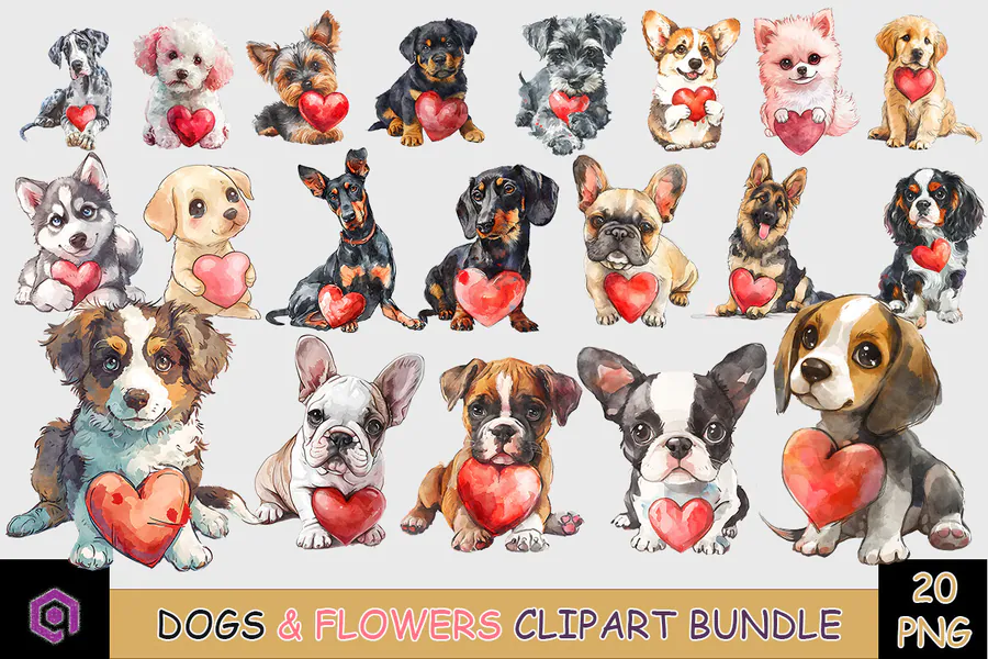 Valentine dogs of different breeds with hearts and flowers