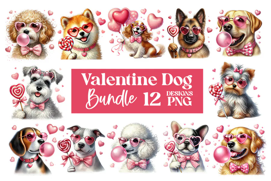 Twelve Valentine dogs wearing heart-shaped sunglasses and pink accessories