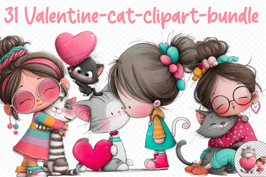 Illustrated children with cats, balloons and Valentine flowers
