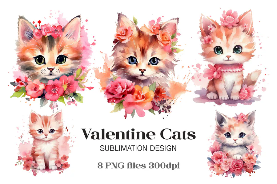 Eight fluffy Valentine kittens with pink floral accents