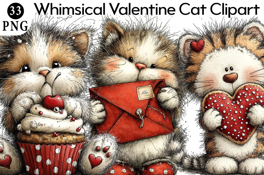 Whimsical fluffy cats holding hearts and Valentine gifts