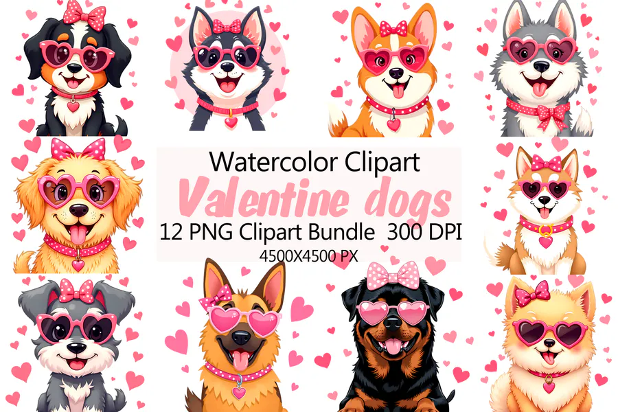 Watercolor Valentine dogs with pink heart sunglasses and bows
